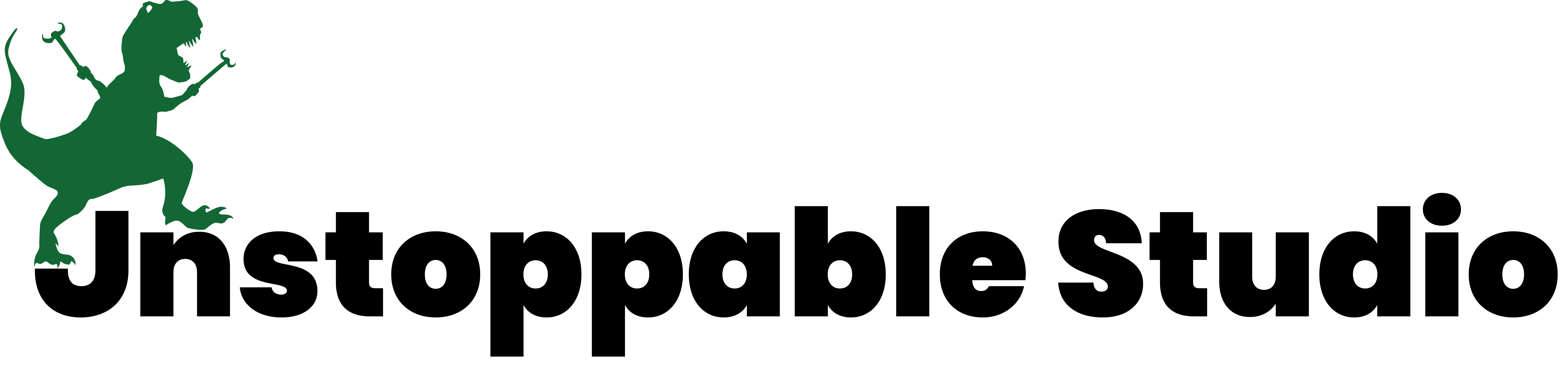 the word unstoppable in large bold type with cartoom/silhouette of a t rex holding reachers triumphantly above its head stomping on the U